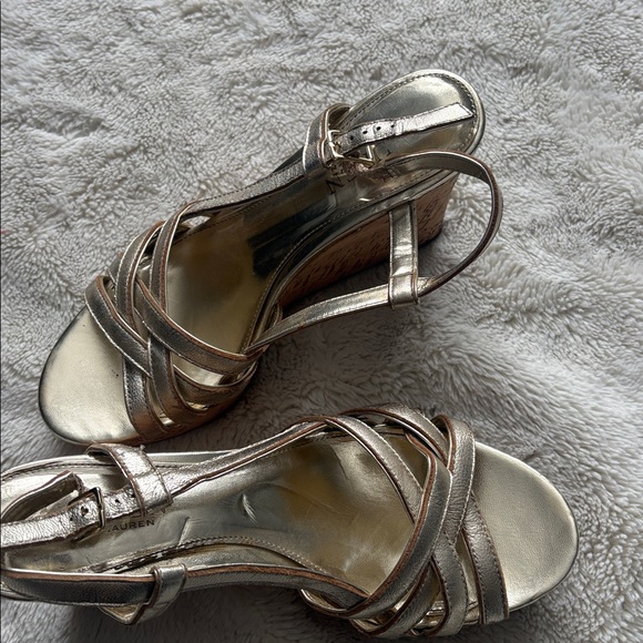 36 Lauren Ralph Lauren Gold Wedge Sandals Size 7 | Metallic Glam | Cork Platform - Picture 4 of 7